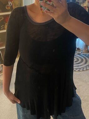 Free People Black Short-Sleeve Scoop Neck Tunic with Purple Trim